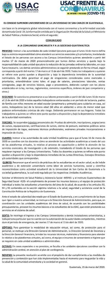 Usac confirma suspensión de actividades presenciales