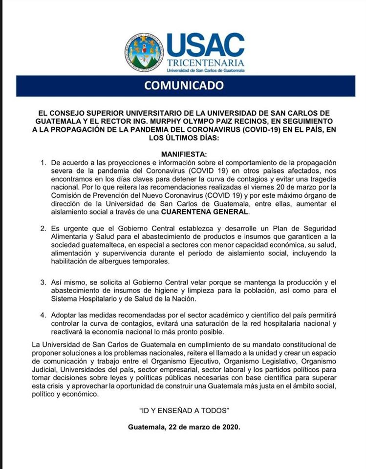 USAC recomienda cuarentena general para evitar propagación del Covid-19