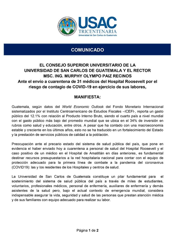 USAC pide equipo de protección adecuada  para personal de salud