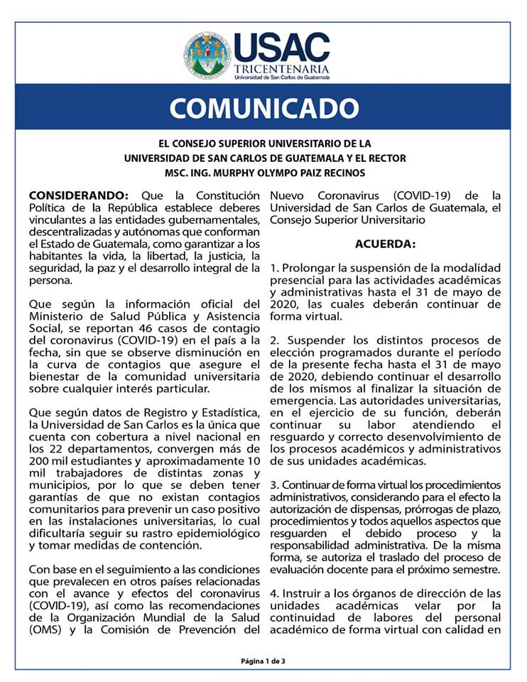 USAC prolonga suspensión presencial de actividades académicas y administrativas