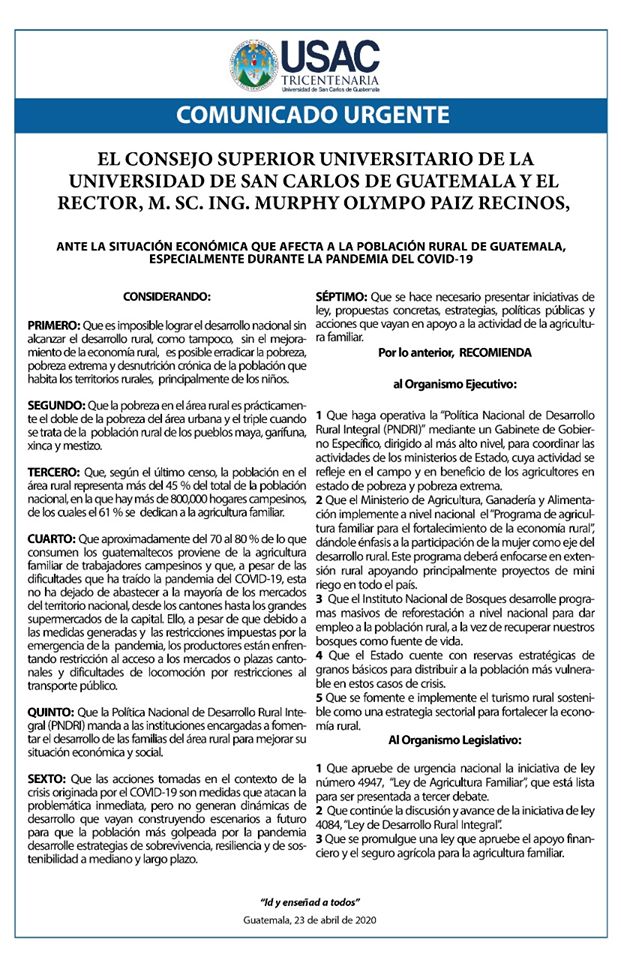 Situación económica que afecta a la población rural de Guatemala durante la pandemia del Covid-19