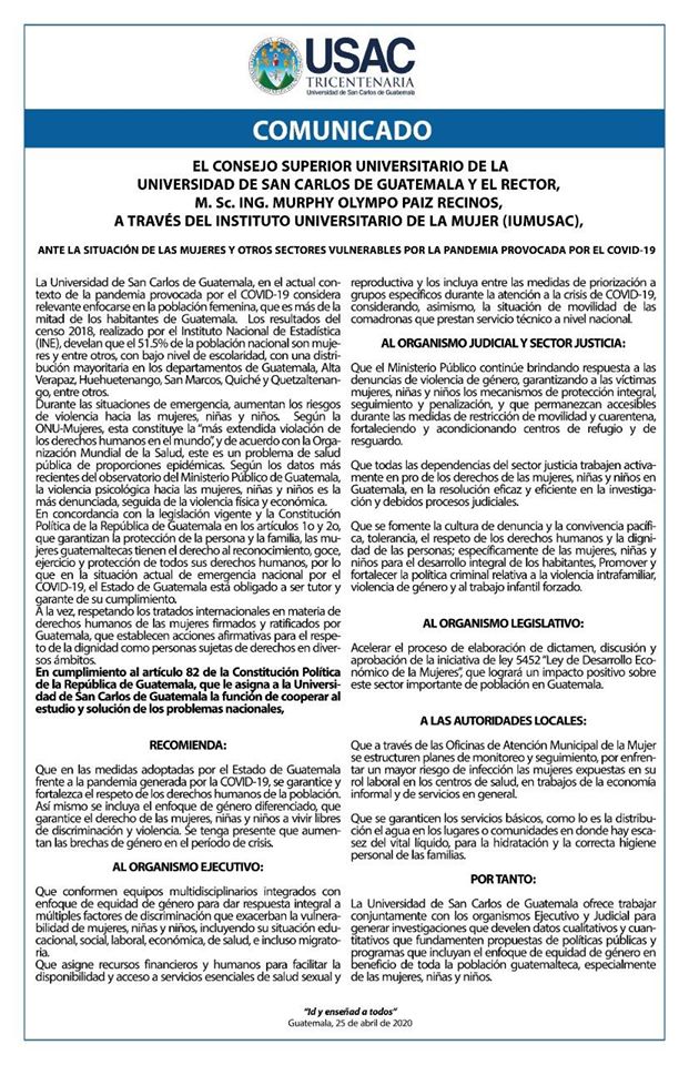 Situación de las mujeres y otros sectores vulnerables por la pandemia provocada por el Covid-19
